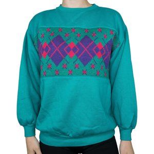 Vintage 90s Purple & Pink Argyle Knit Teal Sweatshirt